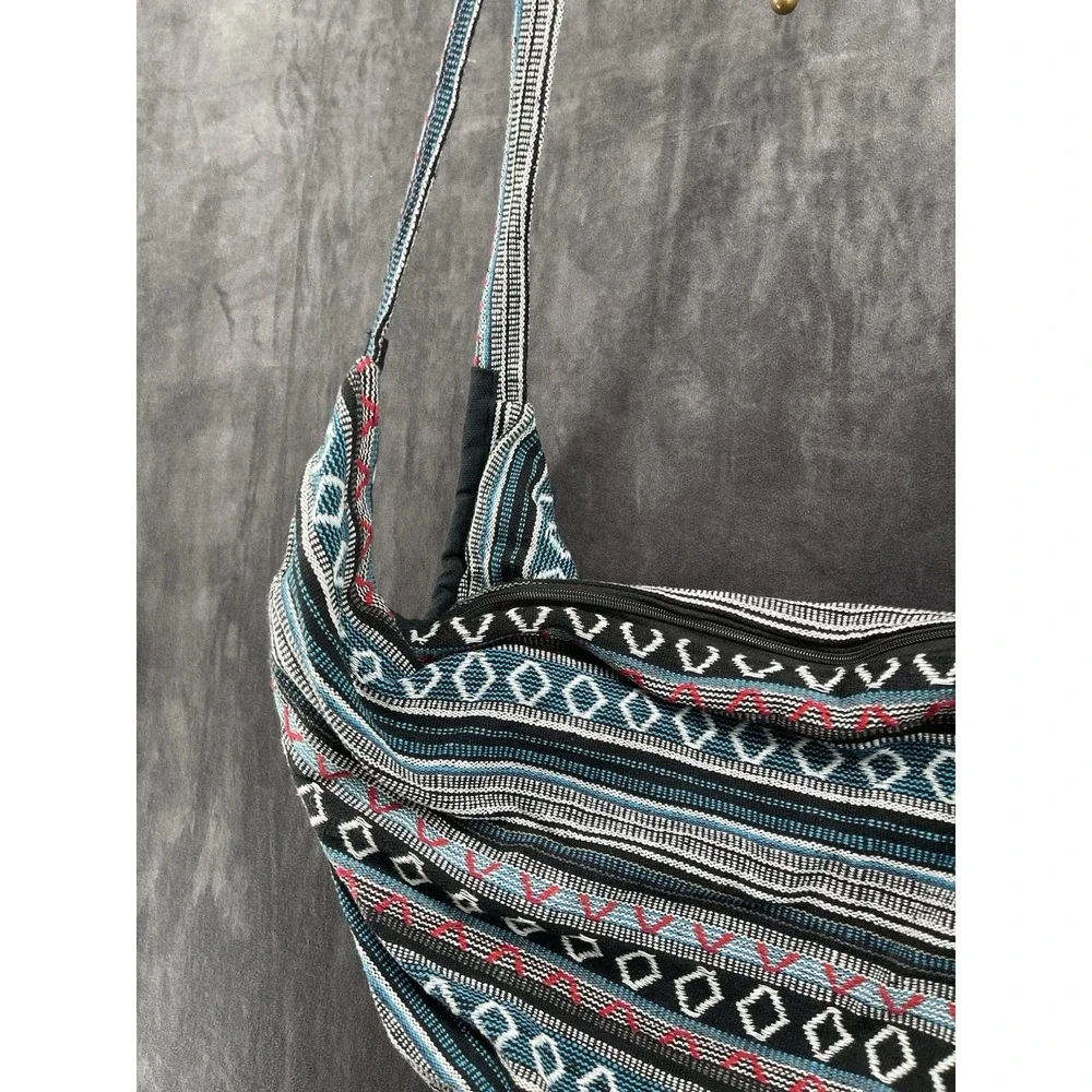 Boho Tribal Woven Hobo Shoulder Bag Blue Black Southwest Hippie Large‎ Tote